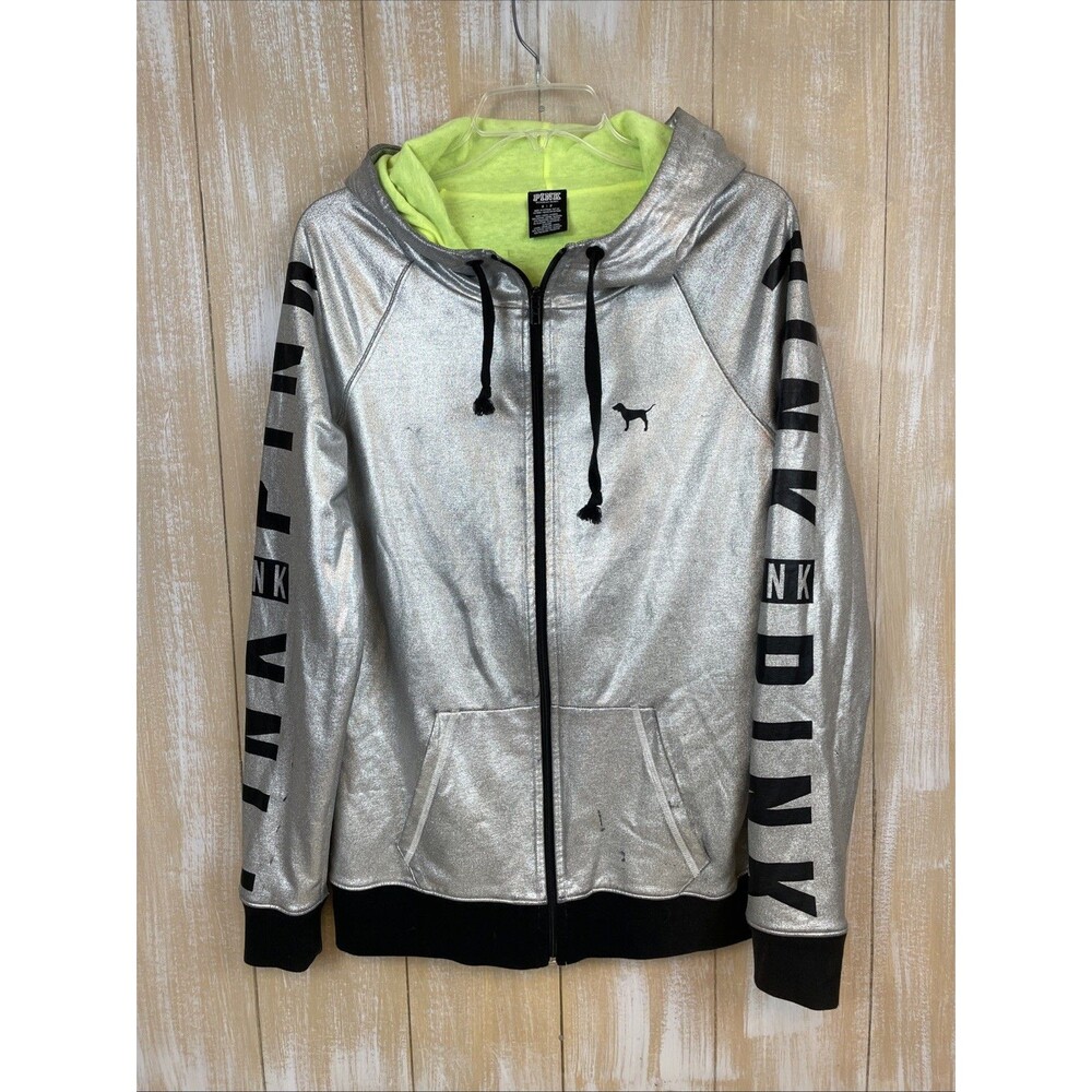 Victoria's Secret PINK Full-Zip Metallic Silver Lined Hoodie Size S *AS IS